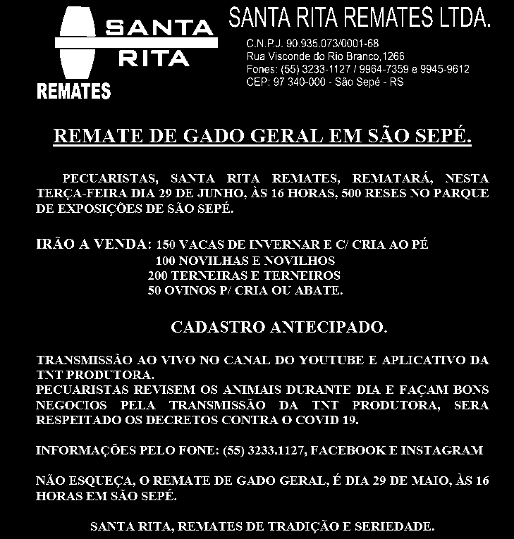 É hoje! 16 horas! Ao vivo no - Santa Rita Remates LTDA